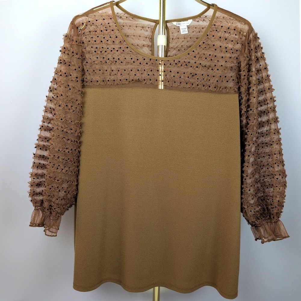 Cato Women 18/20W Blouse Brown Swiss Dot Mesh Ruffle Long Sleeve Keyhole Top